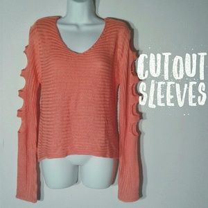 Coral cutout sleeve hi lo knit sweater