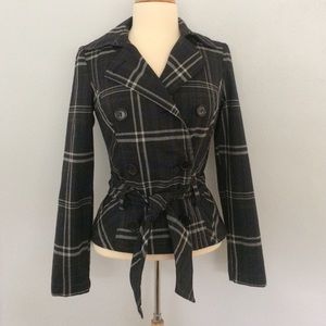 BCX dark gray plaid jacket with tie belt