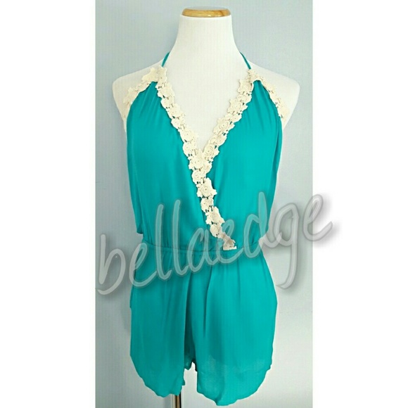 LAST/JADE Blue Green Embroidery Detail Romper - Picture 2 of 4