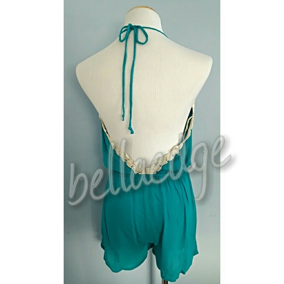 LAST/JADE Blue Green Embroidery Detail Romper - Picture 3 of 4