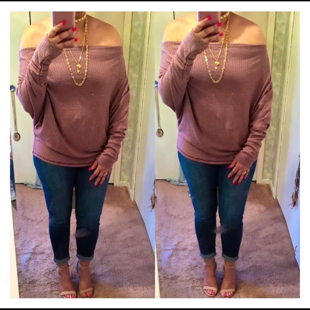 Off The Shoulder Sweater Top- DUSTY PINK - Picture 4 of 4