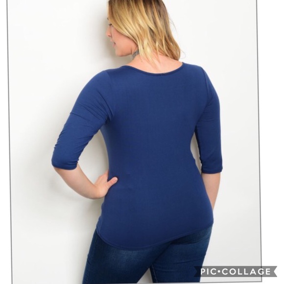 NEW PLUS Navy 3/4 sleeve top w/ crisscross - Picture 2 of 2