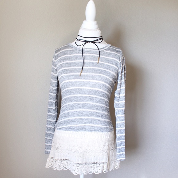 SMALL Grey Striped Long sleeve top Lace /Crochet - Picture 4 of 6