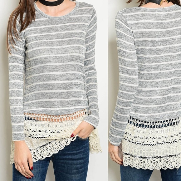 SMALL Grey Striped Long sleeve top Lace /Crochet - Picture 3 of 6