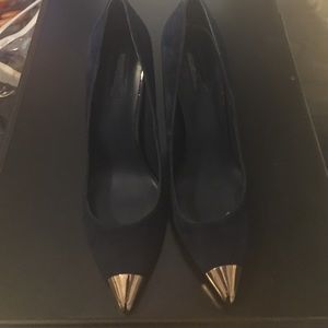 Navy Blue Suede Heel w/ Gold Toe & heel accents