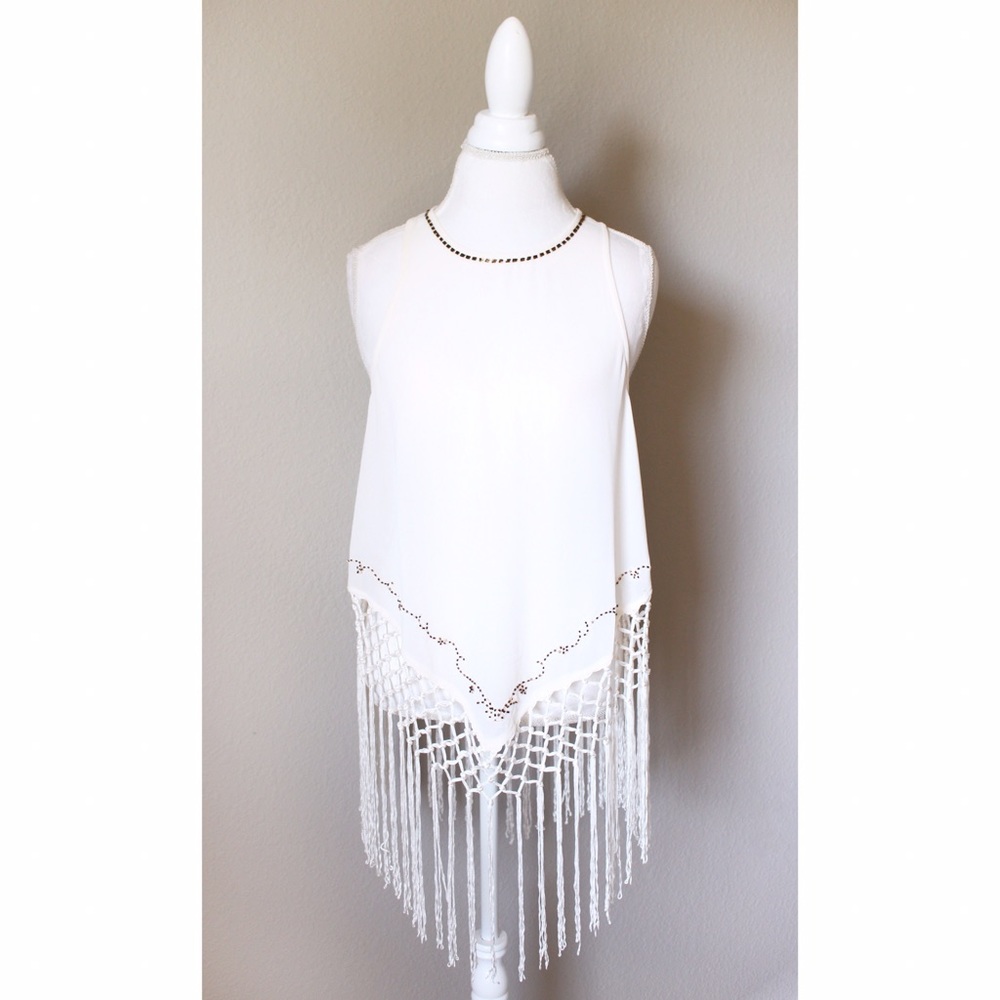  Boho Ivory Sleeveless Top w Bead Knotted Fringe - Picture 3 of 6