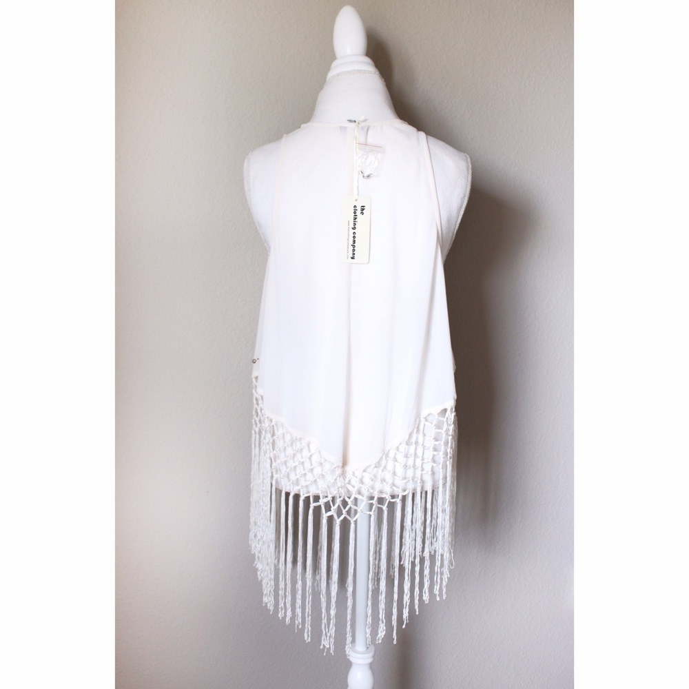  Boho Ivory Sleeveless Top w Bead Knotted Fringe - Picture 4 of 6