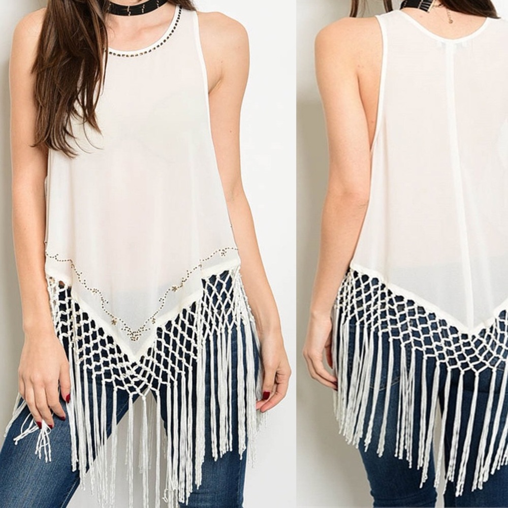  Boho Ivory Sleeveless Top w Bead Knotted Fringe - Picture 2 of 6