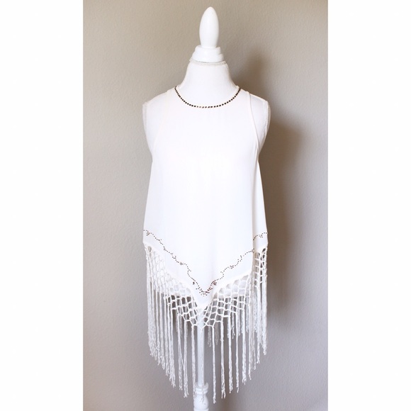  Boho Ivory Sleeveless Top w Bead Knotted Fringe - Picture 3 of 6