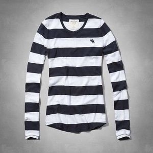 A&F Navy and White Striped Long-Sleeve Logo Tee