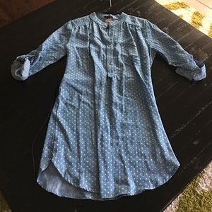 Denim dress with white polka dots/gold buttons!