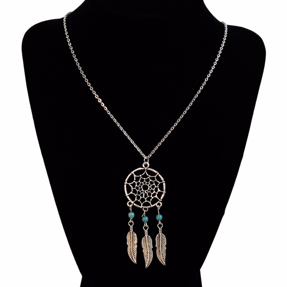 Silver Dreamcatcher and Turquoise Feather Necklace - Picture 3 of 3