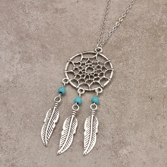 Silver Dreamcatcher and Turquoise Feather Necklace - Picture 2 of 3