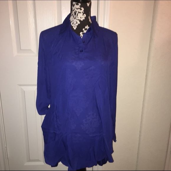 Blue Sheer Long-Sleeve Chiffon Dress/Blouse/Tunic - Picture 3 of 4