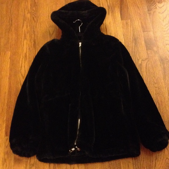 Black Plush Faux Fur Jacket with Hood
