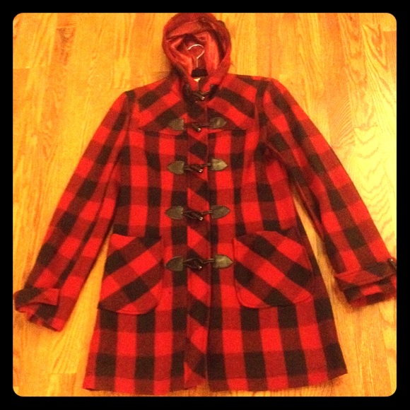 Wool Red Plaid Toggle Coat