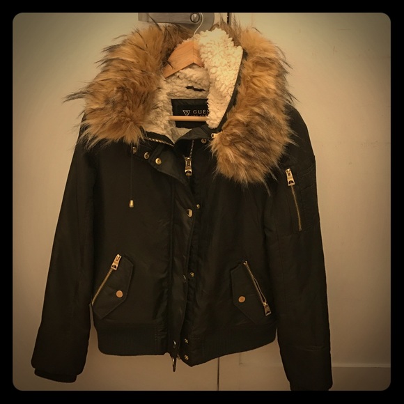 Guess Hooded Olive Satin Bomber w Faux Fur Trim