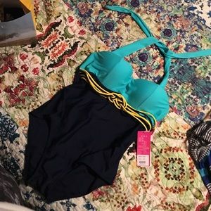 Halter bathing suit, nautical themed! Aqua & navy!