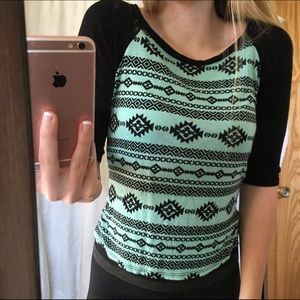 teal and black tribal baseball tee