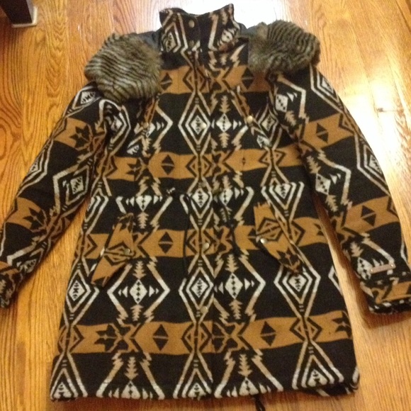 Tribal Winter Coat with Faux Fur Hood