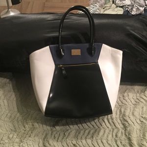 Black white and blue purse