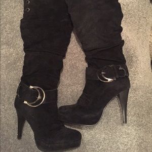 Black Suede Thigh High Heel Boots