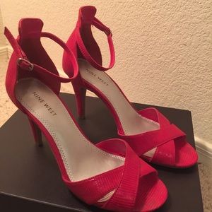Nine West red ankle strap heels. Size 7.