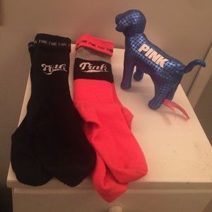 Two pairs of VS PINK socks with PINK dog