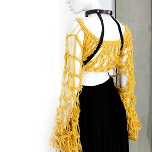 Yellow Oversized Long Sleeve Net Blouse