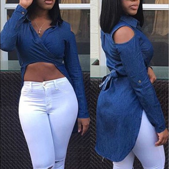 Sexy long sleeve asymmetrical denim shirt