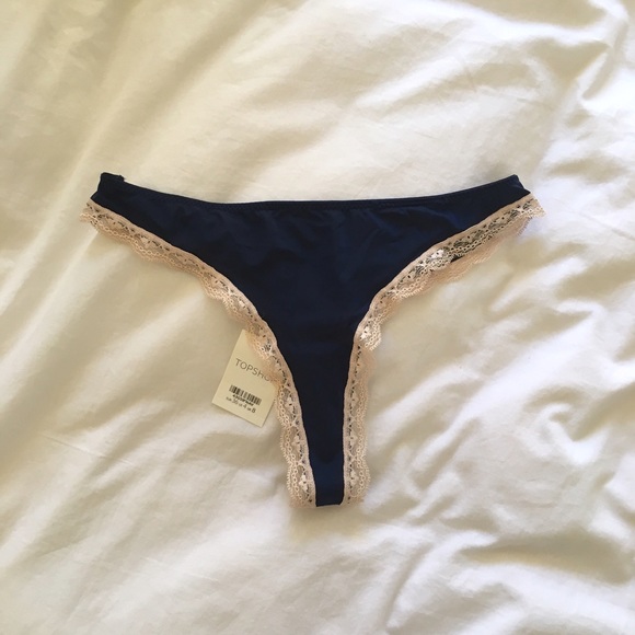 TOPSHOP Satin w/ Lace Trim Thong - Navy
