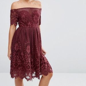 NWT Asos Boohoo scalloped lace bardot prom dress