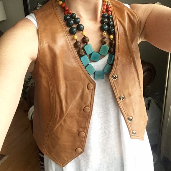 Vintage Jackets & Blazers - Vintage Tan Leather Boho Festival Vest
