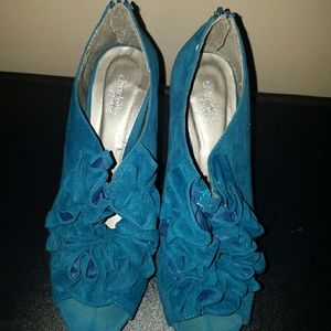 Faux Suede Ruffle Peeptoe Bootie