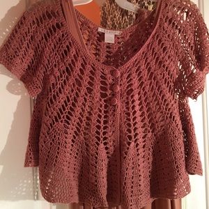Dusty rose crocheted cardigan shrug short sleeves