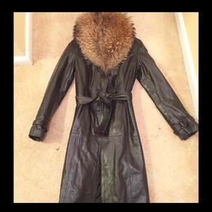 Black leather trench w/ raccoon fur collar