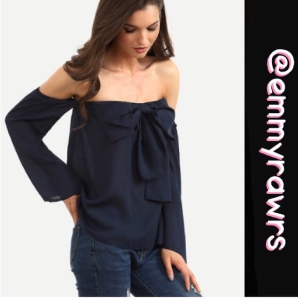 Last! JAX Navy Blue Off Shoulder Bow Top - Picture 2 of 3