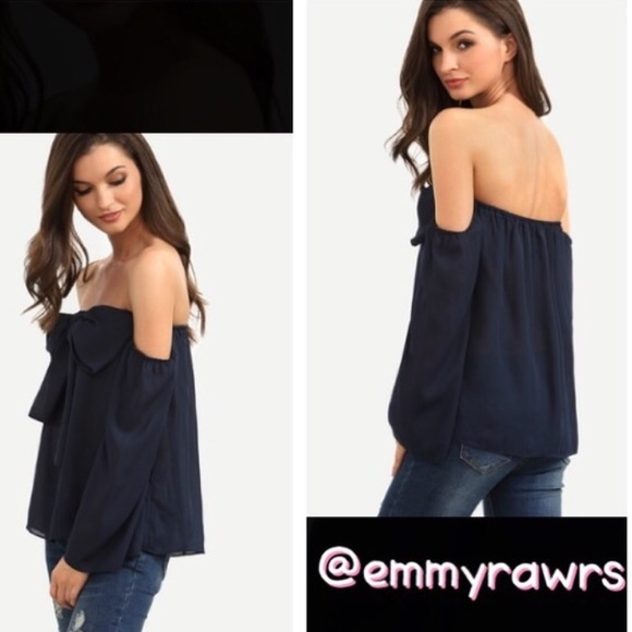 Last! JAX Navy Blue Off Shoulder Bow Top - Picture 3 of 3