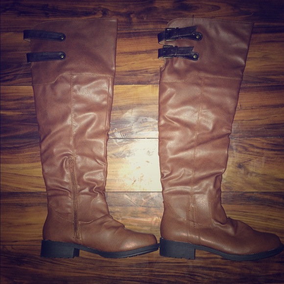 Tan faux leather over the knee boots