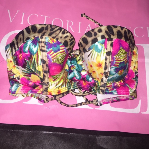 Victorias Secret Floral Cheetah Print Swim Top 32B