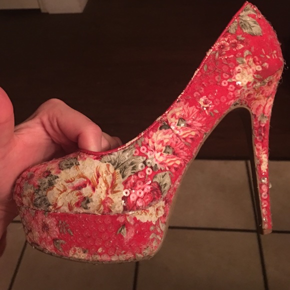 Red Floral Sequin Heels