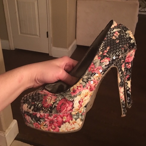 black floral sequin heels