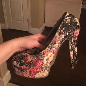 black floral sequin heels