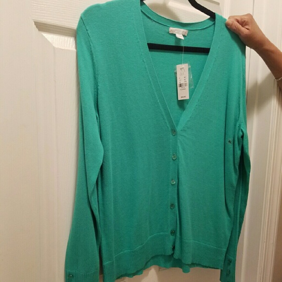 Green cardigan with jeweled buttons