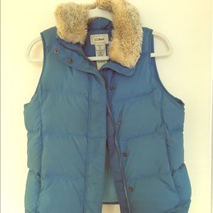 Blue LL Bean Puffer Vest with Fur Trim