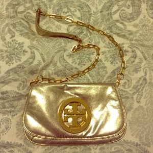 Tory Burch Gold Metallic Logo Clutch - Cross Body