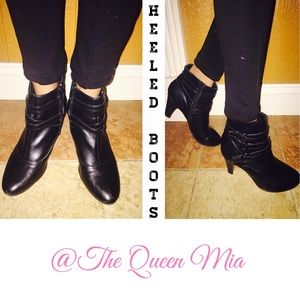 Black Zip Up Leather Heeled Ankle Boots