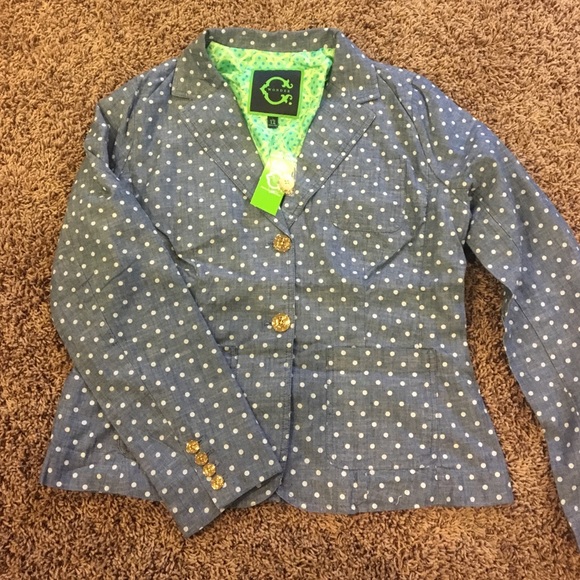 Chambray and white polkadot blazer