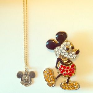 Mickey gold pendant + chain & sparkly broach