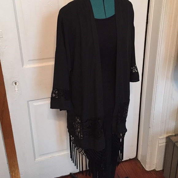 Long black fringe kimono
